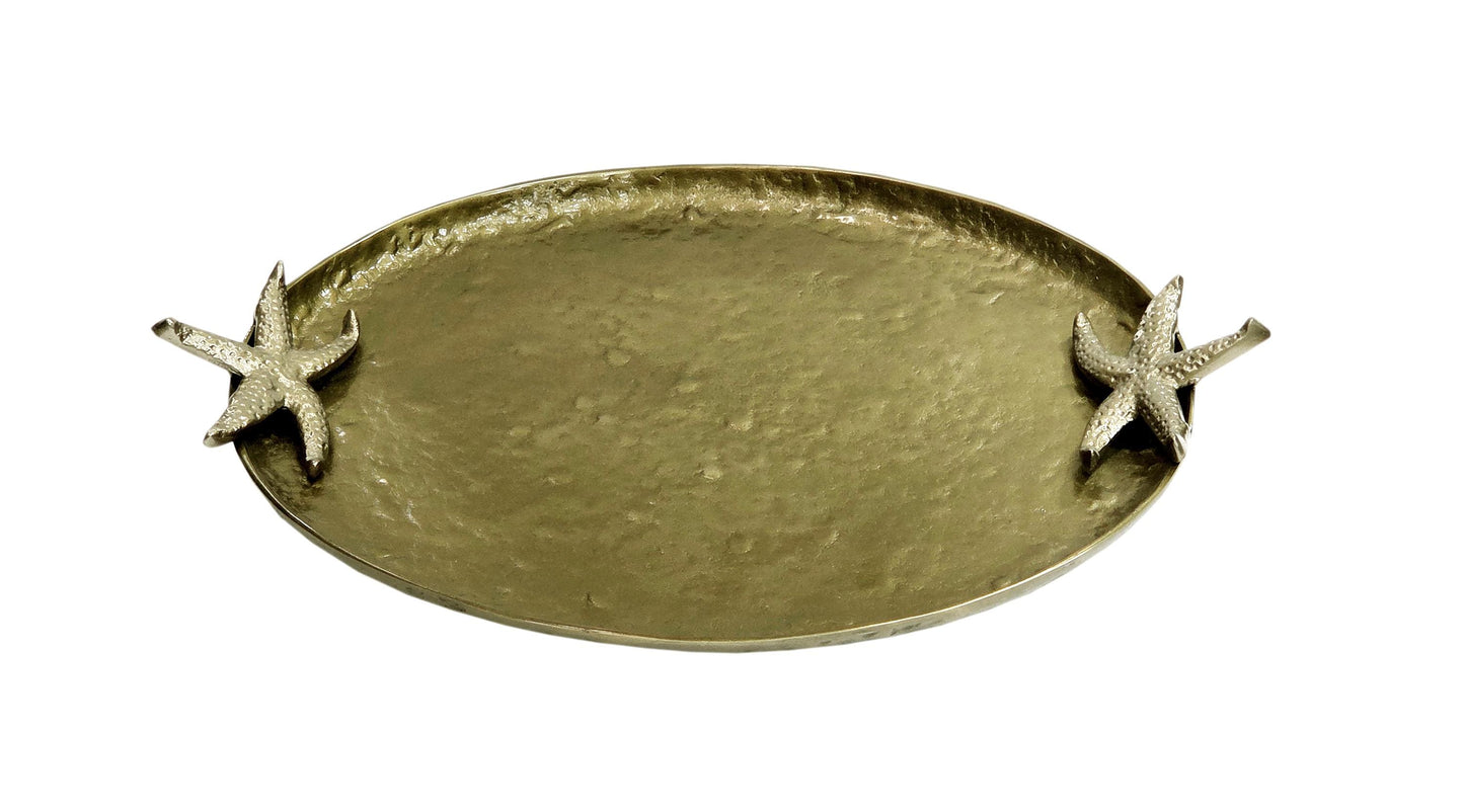 Antique Brass Oval Serving Tray | Starfish Handles, Coastal Decor