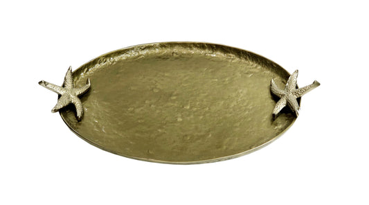 Antique Brass Oval Serving Tray | Starfish Handles, Coastal Decor