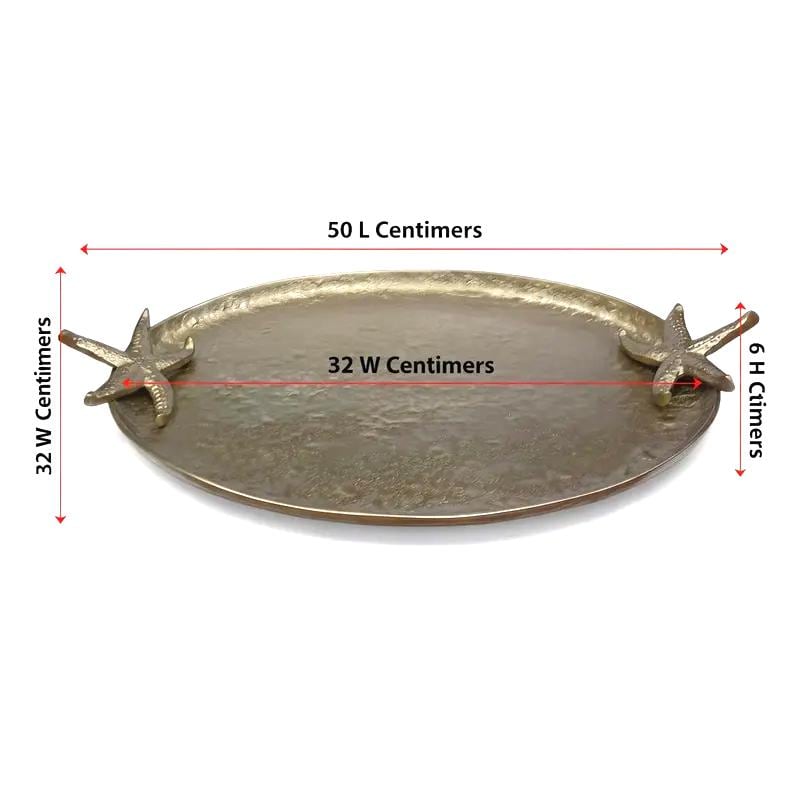 Antique Brass Oval Serving Tray | Starfish Handles, Coastal Decor