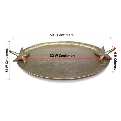 Antique Brass Oval Serving Tray | Starfish Handles, Coastal Decor