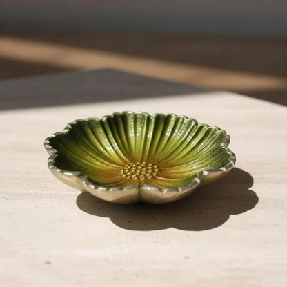 Handmade Green Enamel Flower Bowl | Silver Rim Aluminum Serving Dish