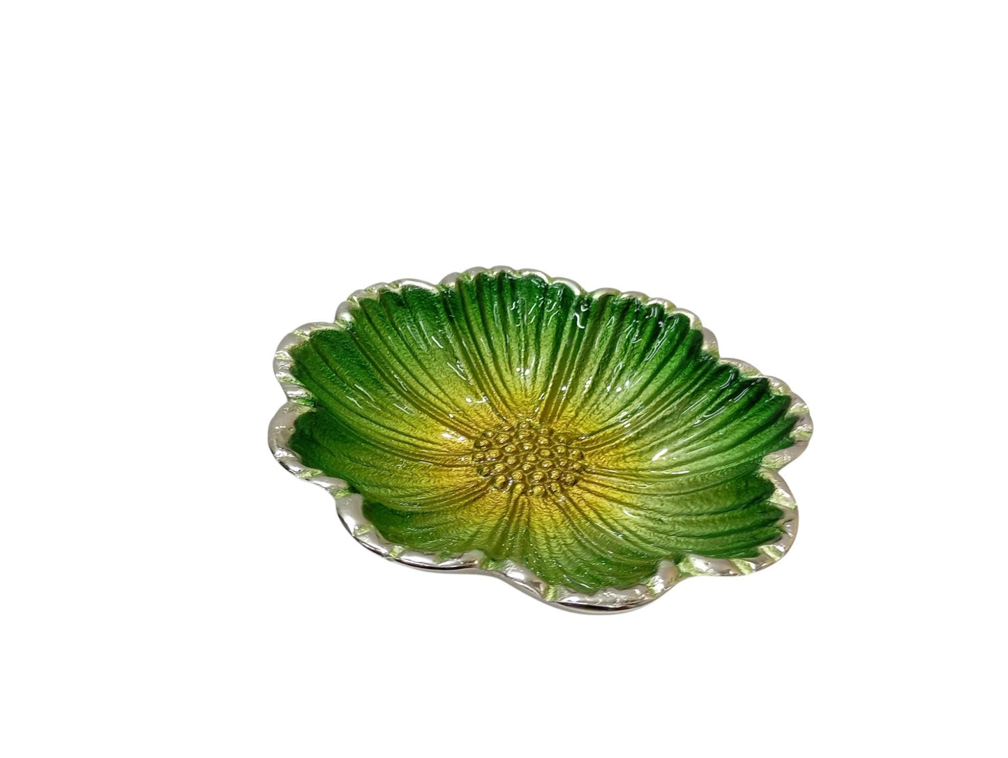 Handmade Green Enamel Flower Bowl | Silver Rim Aluminum Serving Dish