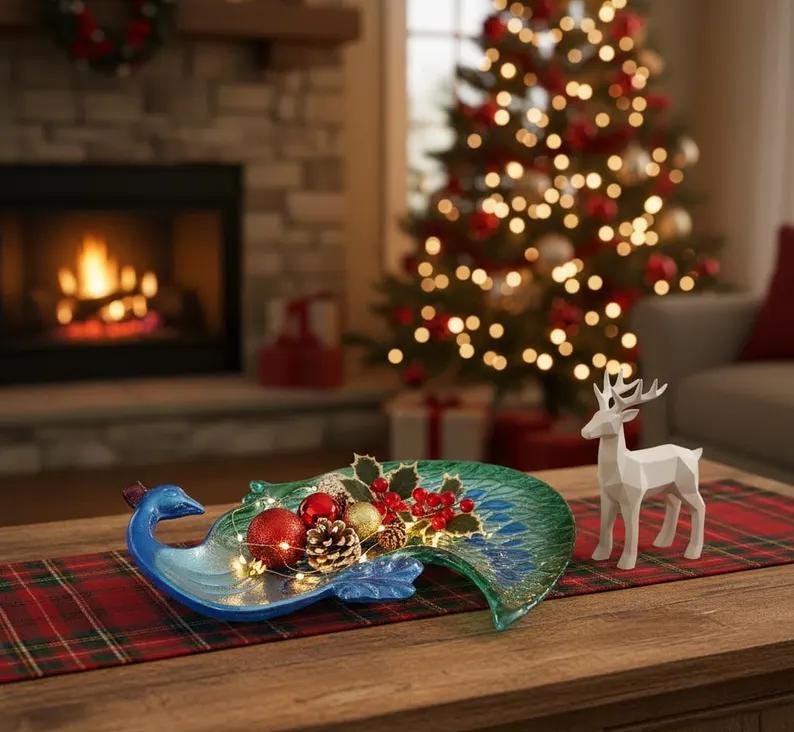 Enamel Aluminum Peacock Serving Tray | Blue & Green Table Decor
