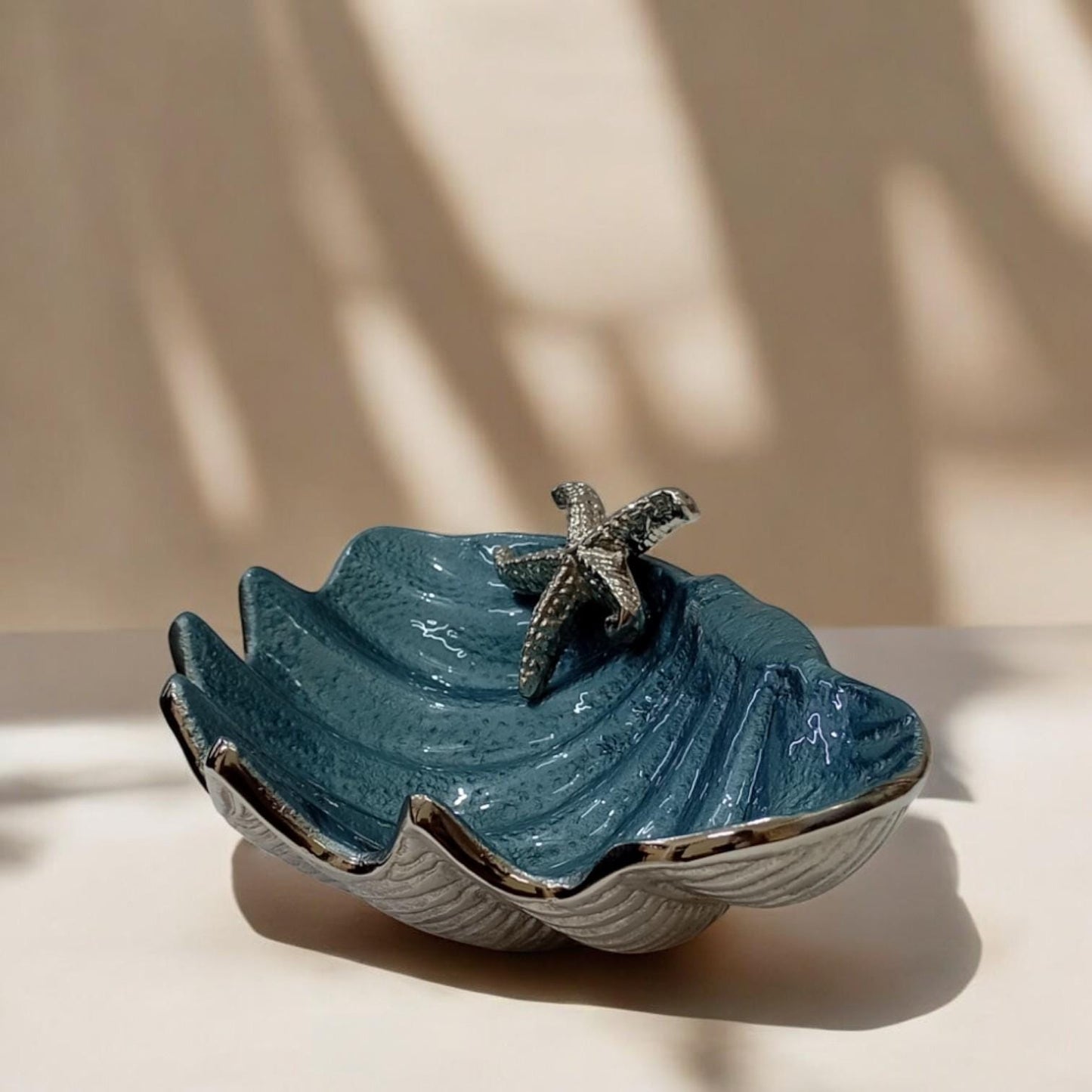 Blue Enamel Clam Shell Bowl, Coastal Starfish Centerpiece, Handcrafted Ocean Decor