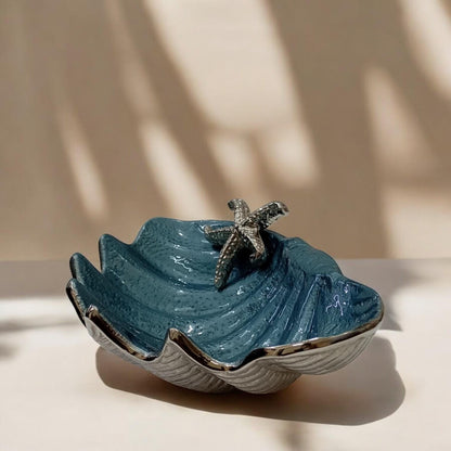 Blue Enamel Clam Shell Bowl, Coastal Starfish Centerpiece, Handcrafted Ocean Decor