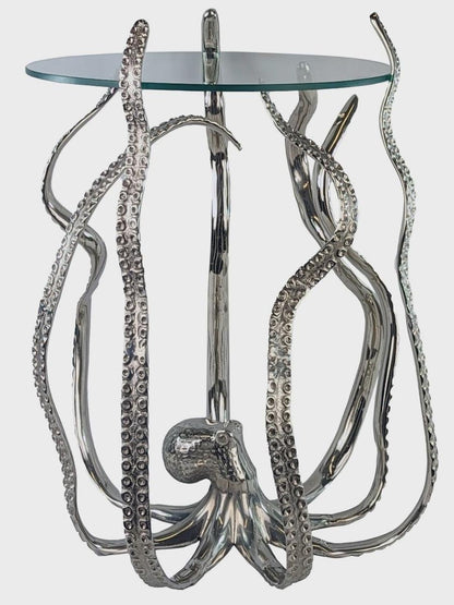 Handcrafted Aluminum Octopus Side Table with Glass Top – Nautical Coastal Decor