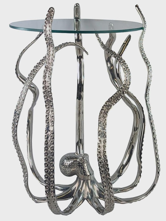 Handcrafted Aluminum Octopus Side Table with Glass Top – Nautical Coastal Decor