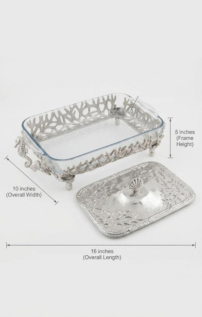 Rectangular Coral Design Casserole Dish with Turkish Glass Lid | 4 Qt Oven to Table Bakeware