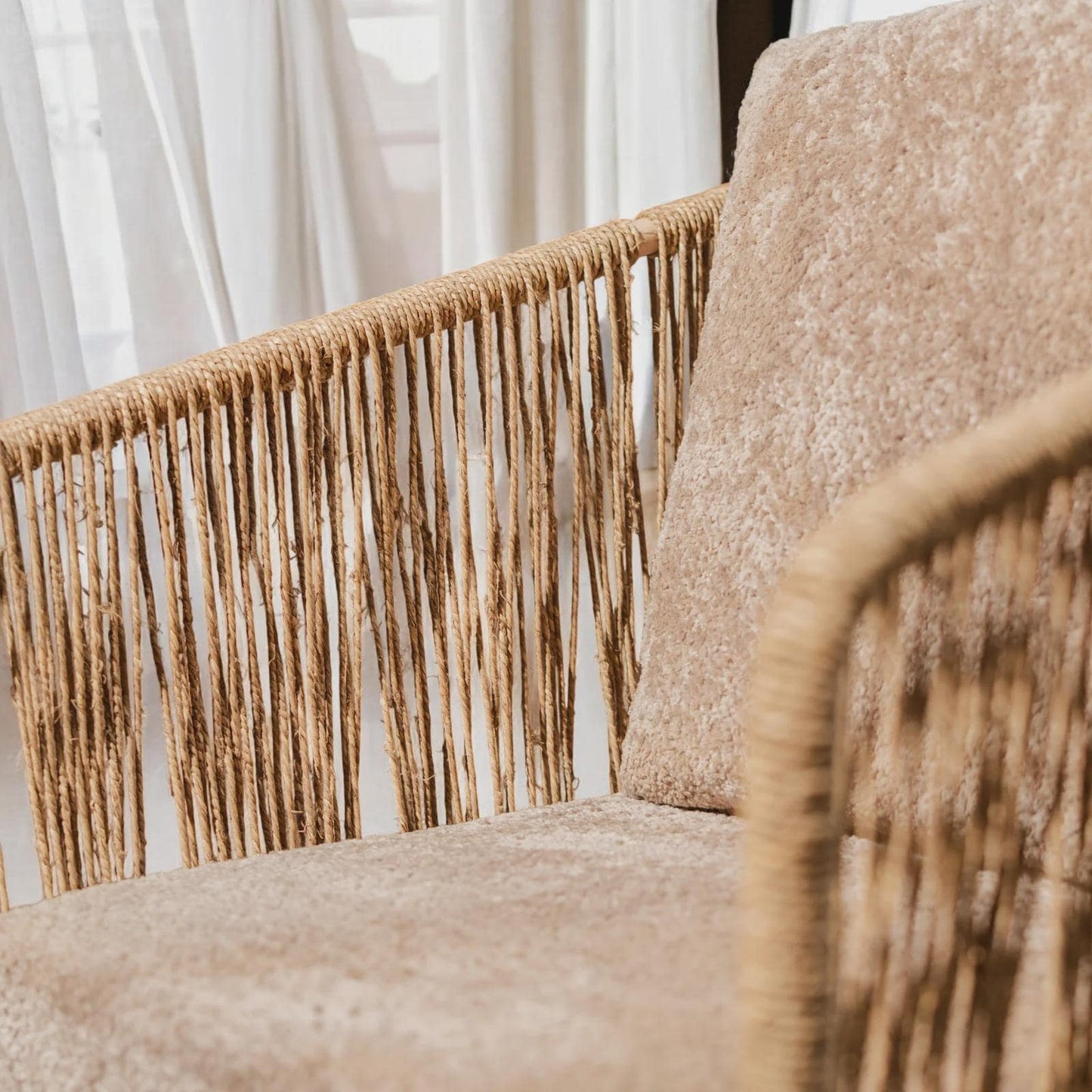 Handwoven Jute Rope Lounge Chair, Boho Upholstered Accent Armchair, Rustic Furniture