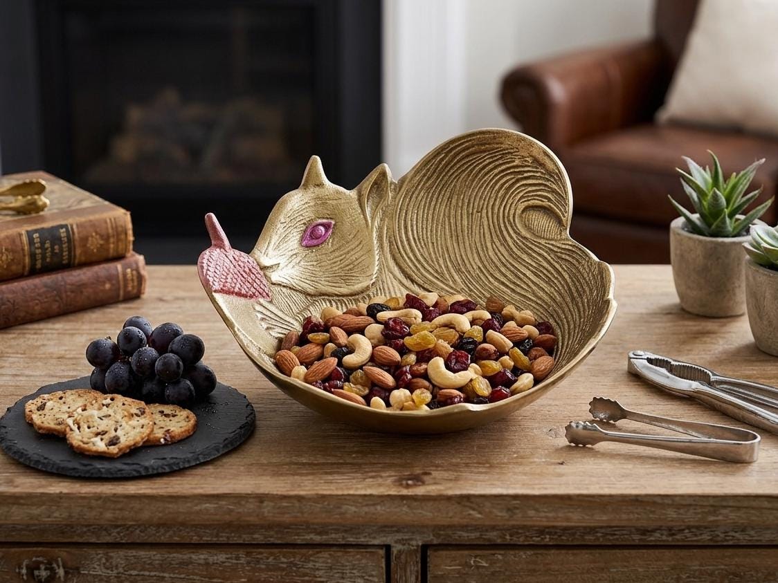 Aluminum Squirrel Fruit Bowl Rustic Decorative Snack Dish, Elegant Serving Accent