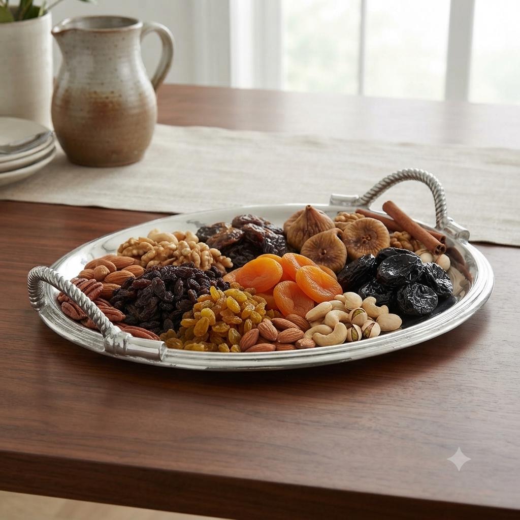 Handcrafted Aluminum Serving Tray, Festive Platter, Dry Fruit Decor, Diwali Wedding Serveware