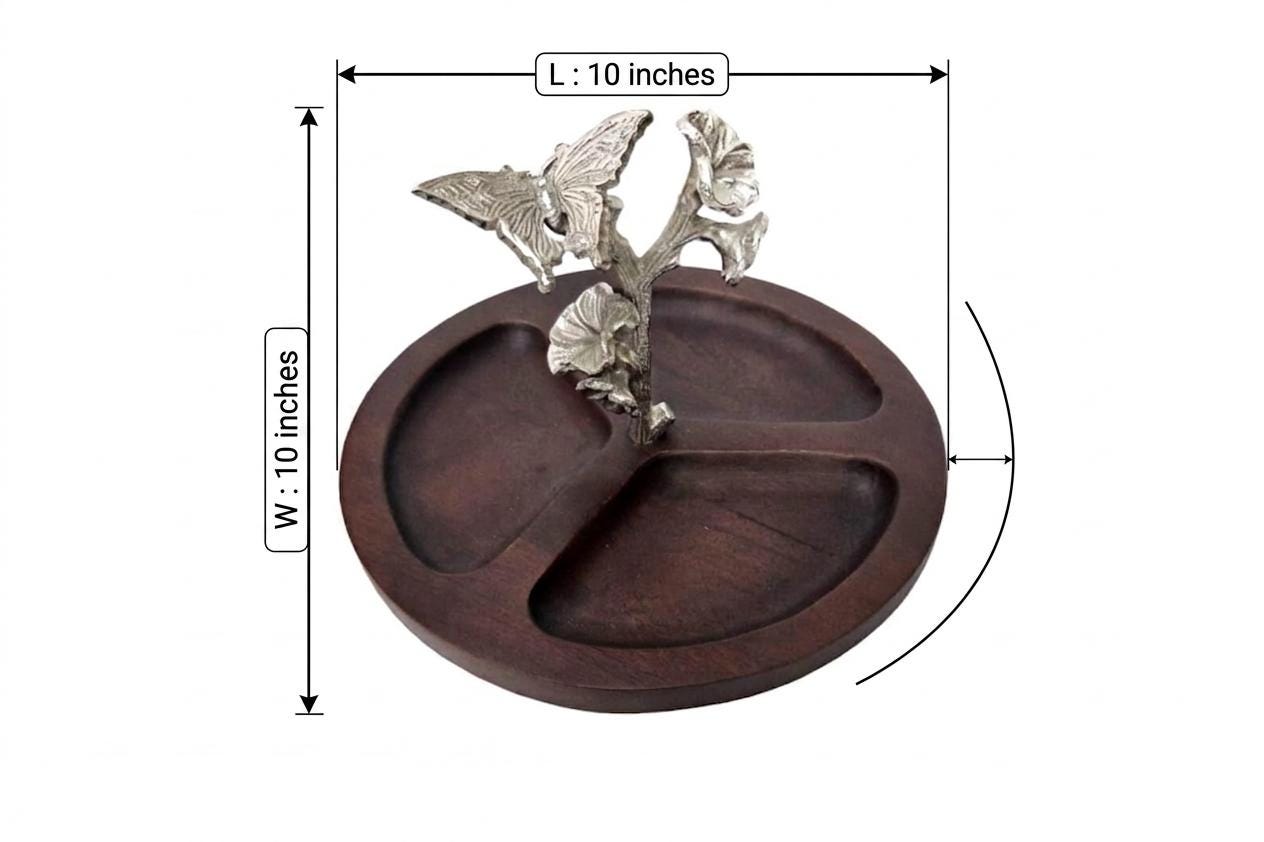 Dark Wood Divided Serving Dish, Silver Butterfly Accent, Botanical Kitchen Decor