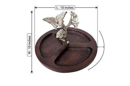 Dark Wood Divided Serving Dish, Silver Butterfly Accent, Botanical Kitchen Decor