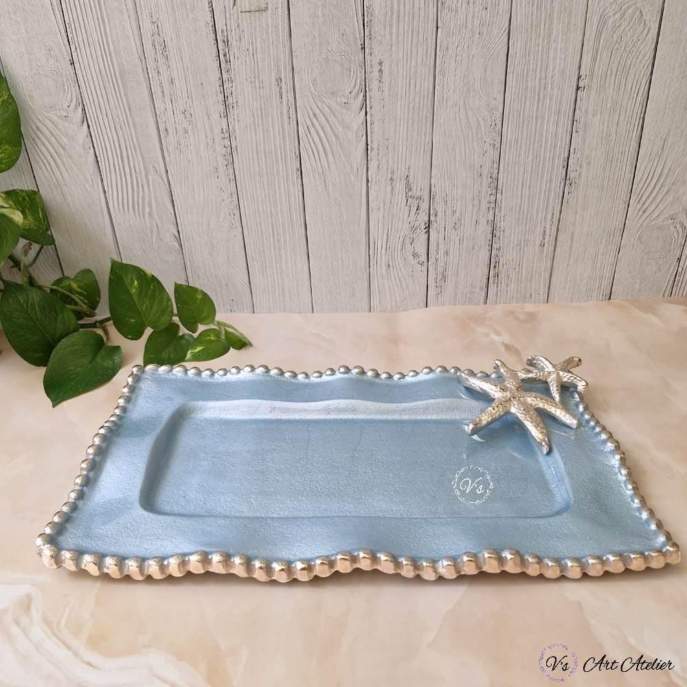 Starfish Platter Blue Enamel Coastal Serving Tray Aluminum Beach Wedding Gift