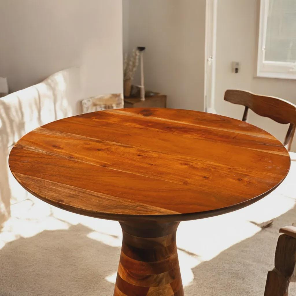 Handcrafted Acacia Wood Pedestal Table, Modern Rustic Farmhouse Accent Side Table