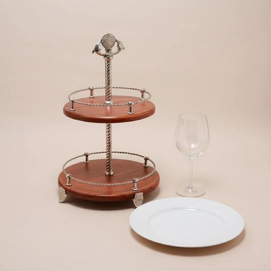 Handcrafted Two-Tier Wood Serving Stand, Seashell Handle