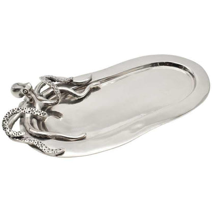Handcrafted Metal Serving Ensemble with Octopus Motif, Artistic Ocean-Inspired Dining and Entertaining Display Piece