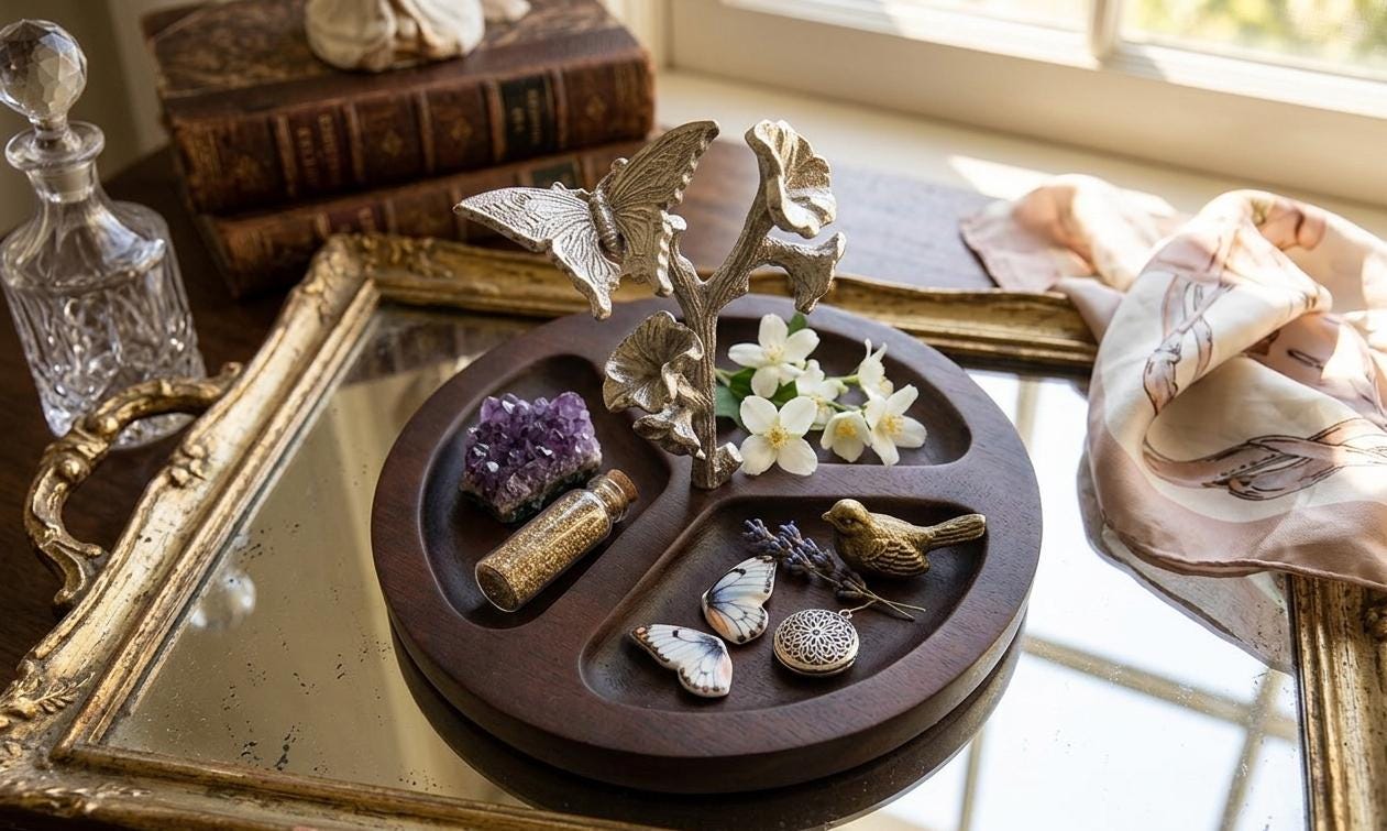 Dark Wood Divided Serving Dish, Silver Butterfly Accent, Botanical Kitchen Decor