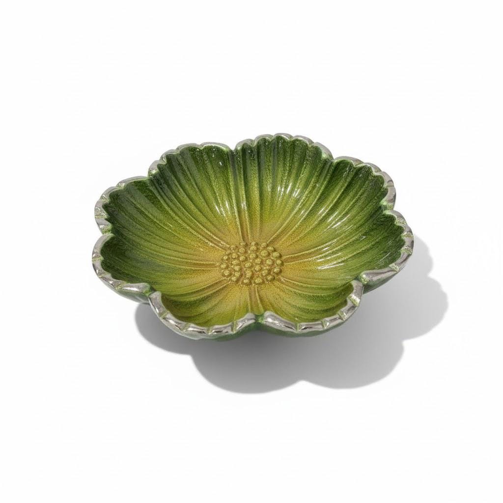 Handmade Green Enamel Flower Bowl | Silver Rim Aluminum Serving Dish