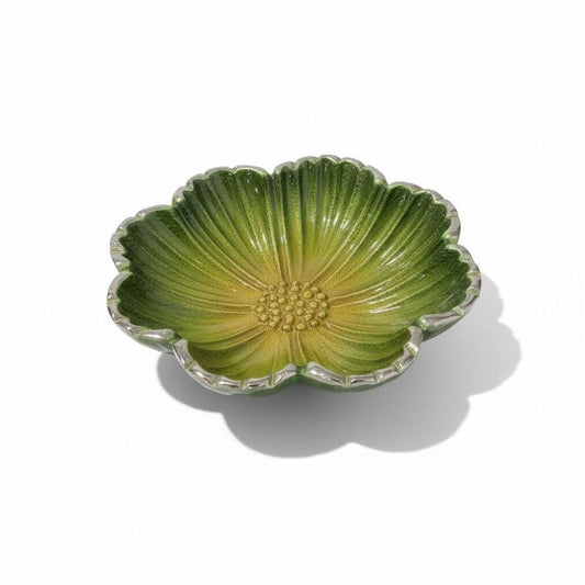 Handmade Green Enamel Flower Bowl | Silver Rim Aluminum Serving Dish