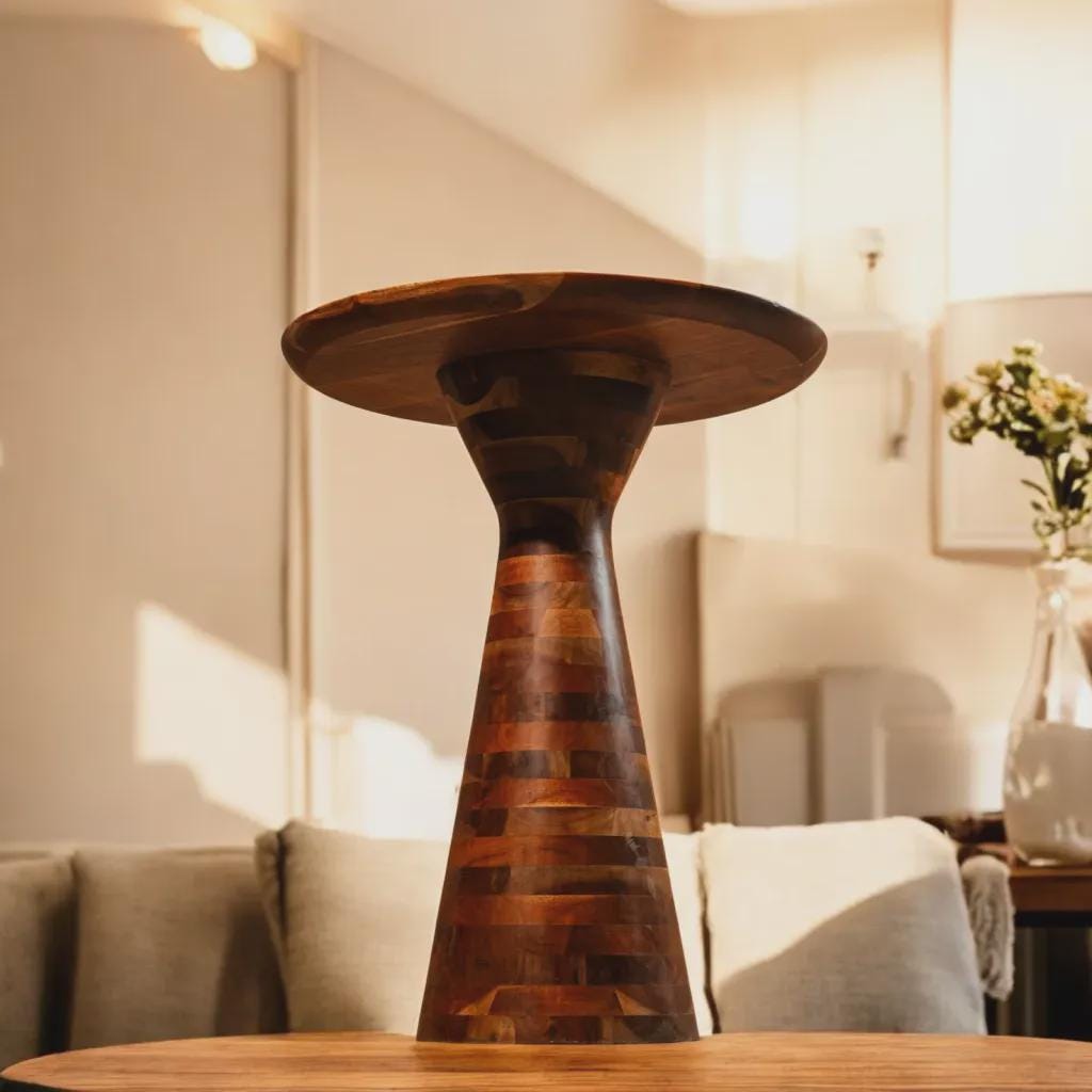 Handcrafted Acacia Wood Pedestal Table, Modern Rustic Farmhouse Accent Side Table