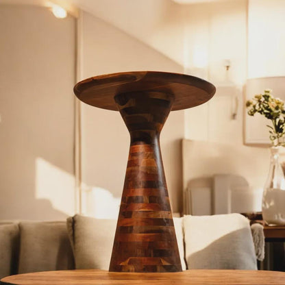 Handcrafted Acacia Wood Pedestal Table, Modern Rustic Farmhouse Accent Side Table