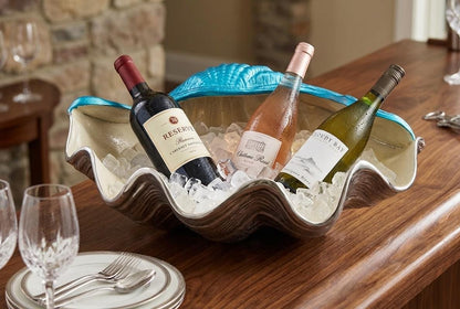 Giant Clam Seashell Wine Cooler, Aluminum Ice Bucket, Nickel Enamel Finish, Coastal Decor