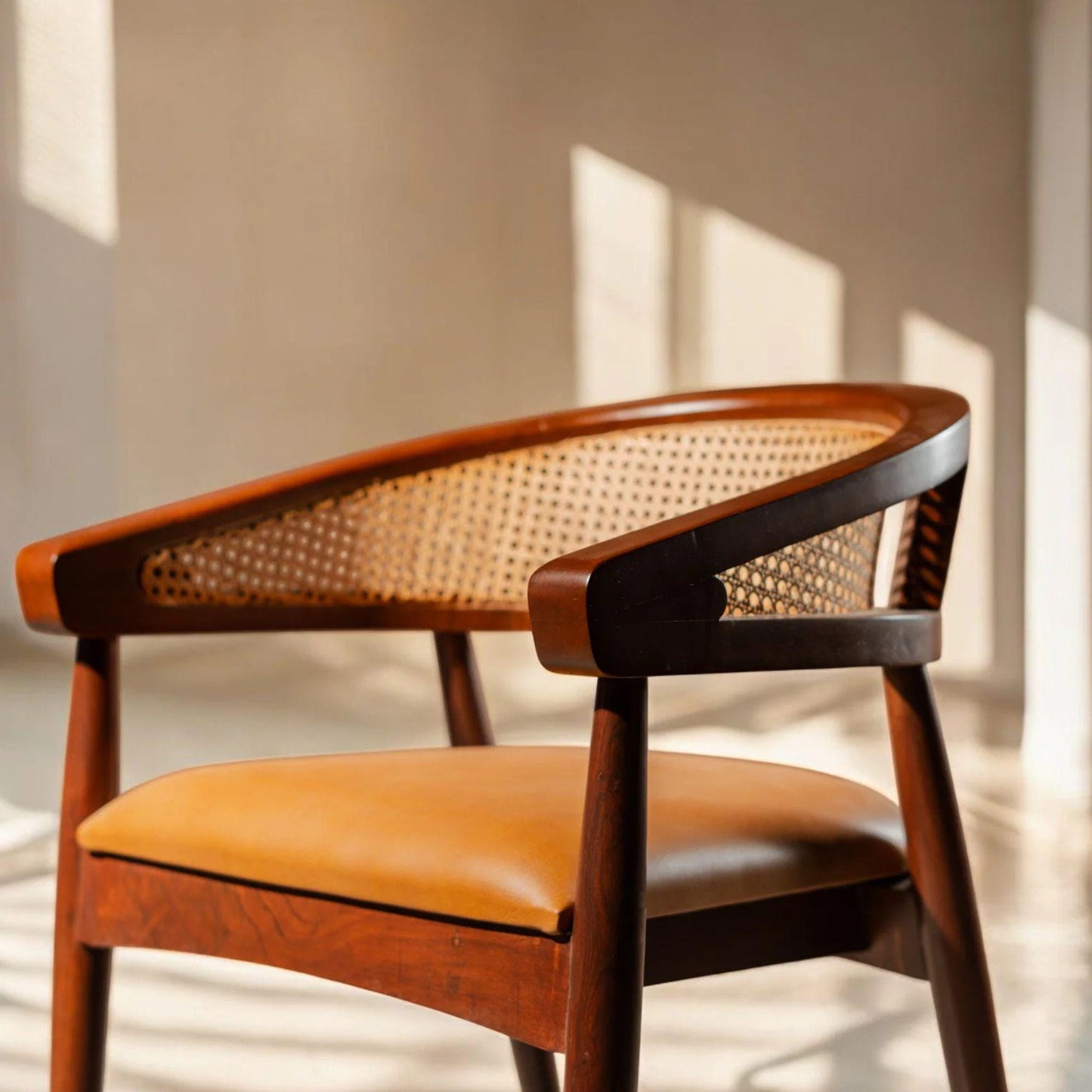 Acacia Wood Cane Back Accent Chair, Mid Century Modern Lounge Armchair
