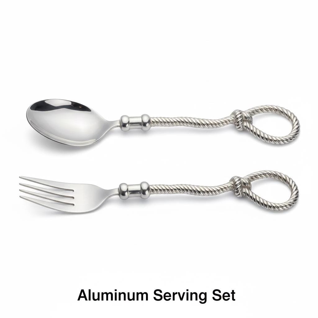 Aluminum Serving Set, Twisted Rope Handle, Silver Finish