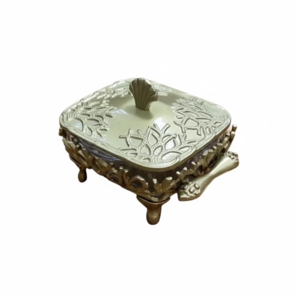 Coastal themed casserole dish, featuring a glass bottom and metal lid and stand