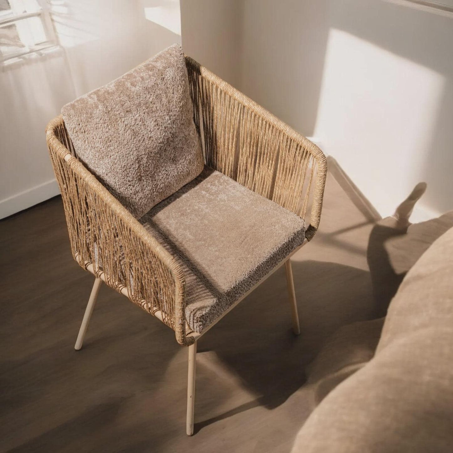 Handwoven Jute Rope Lounge Chair, Boho Upholstered Accent Armchair, Rustic Furniture