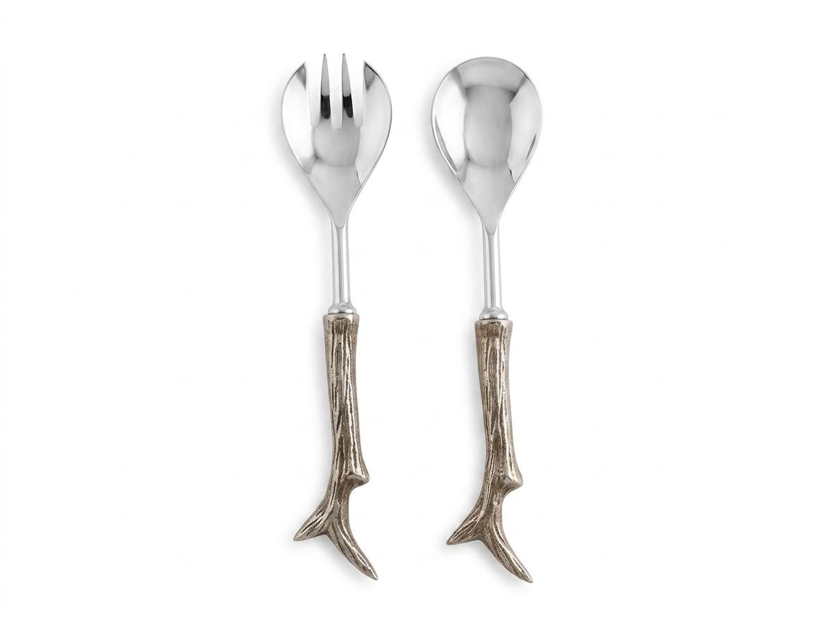 Silver Aluminum Antler Salad Set – Rustic Deer Antler Serving Utensils