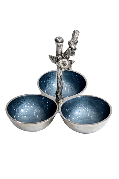 Blue Enamel Aluminum Snack Bowl | Designer 3 bowl serving Platter