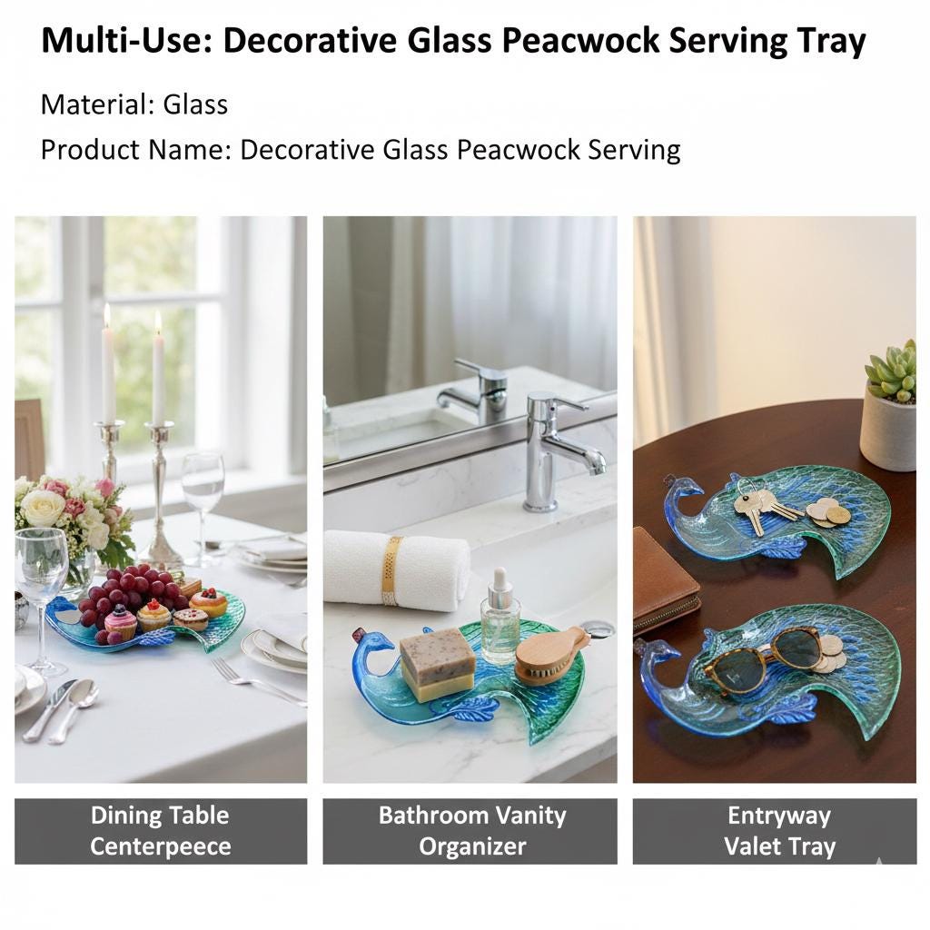 Enamel Aluminum Peacock Serving Tray | Blue & Green Table Decor