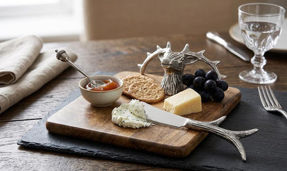 Stag Head Mango Wood Cheese Board Set with Antler Knife, Rustic Lodge Charcuterie Platter