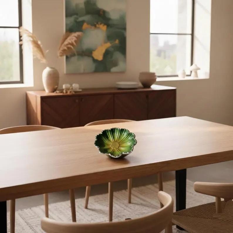 Handmade Green Enamel Flower Bowl | Silver Rim Aluminum Serving Dish