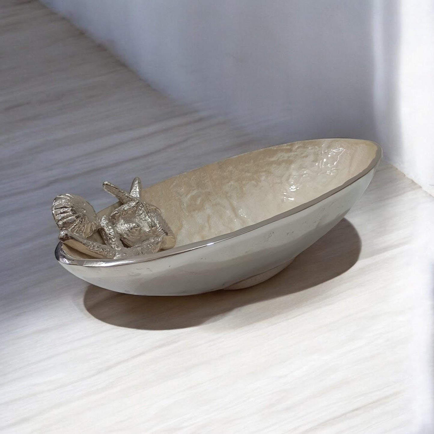 Seashell Aluminum Bowl, Pearl Enamel Coastal Centerpiece, Handcrafted Nautical Decor Tray