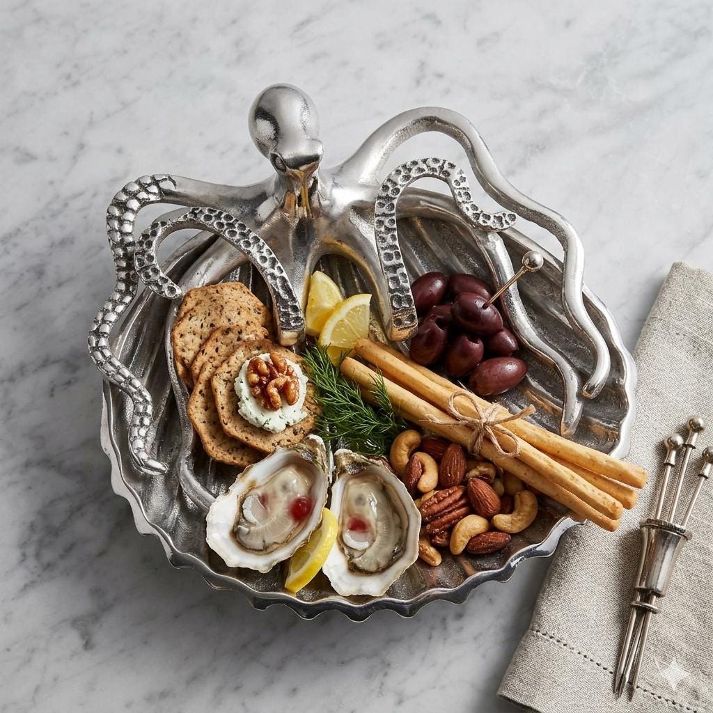 Nickel Plated Aluminum Octopus Dish | Nautical Coastal Decor