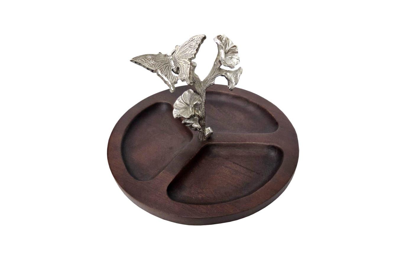 Dark Wood Divided Serving Dish, Silver Butterfly Accent, Botanical Kitchen Decor