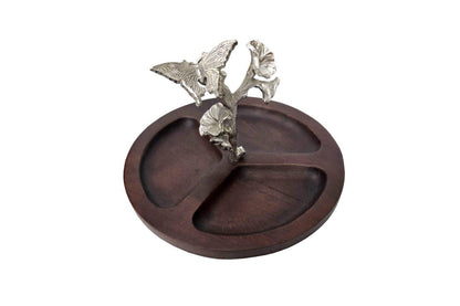 Dark Wood Divided Serving Dish, Silver Butterfly Accent, Botanical Kitchen Decor