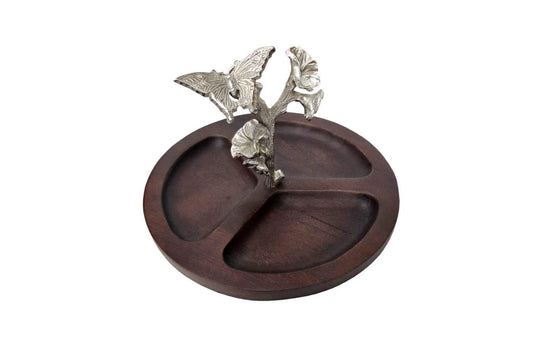 Dark Wood Divided Serving Dish, Silver Butterfly Accent, Botanical Kitchen Decor