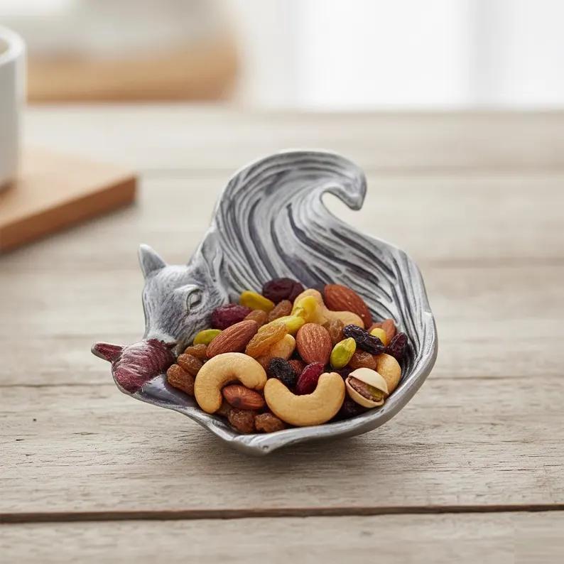 Cast Metal Squirrel Snack Bowl, Forest Animal Table Accent, Handcrafted Wildlife Home Decor