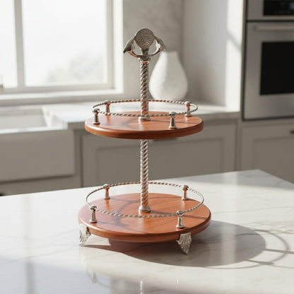 Handcrafted Two-Tier Wood Serving Stand, Seashell Handle