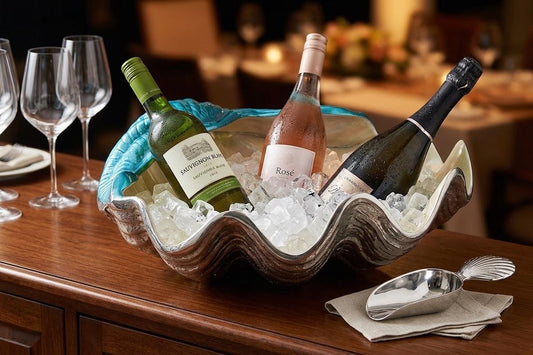 Giant Clam Seashell Wine Cooler, Aluminum Ice Bucket, Nickel Enamel Finish, Coastal Decor