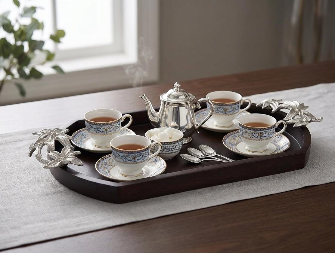 Wooden Serving Tray with Silver Flower Handles, Rustic Farmhouse Platter