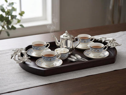 Wooden Serving Tray with Silver Flower Handles, Rustic Farmhouse Platter