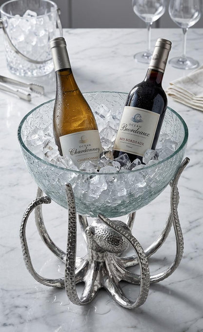 Octopus Glass Wine Bottle Holder, Nautical Chiller Bowl, Coastal Bar Decor