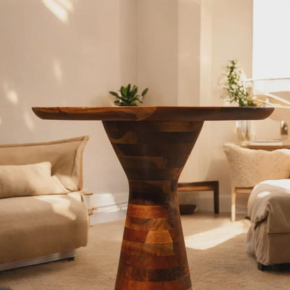 Handcrafted Acacia Wood Pedestal Table, Modern Rustic Farmhouse Accent Side Table
