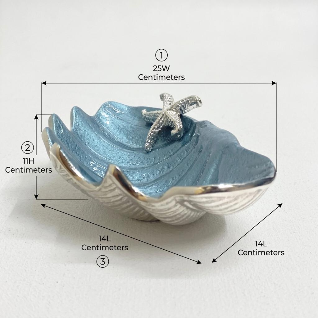 Blue Enamel Clam Shell Bowl, Coastal Starfish Centerpiece, Handcrafted Ocean Decor