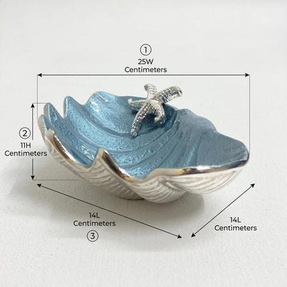 Blue Enamel Clam Shell Bowl, Coastal Starfish Centerpiece, Handcrafted Ocean Decor